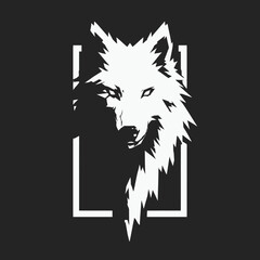 Striking White Wolf Head Illustration with Modern Geometric Frame on Black Background, Powerful Wild Animal Graphic