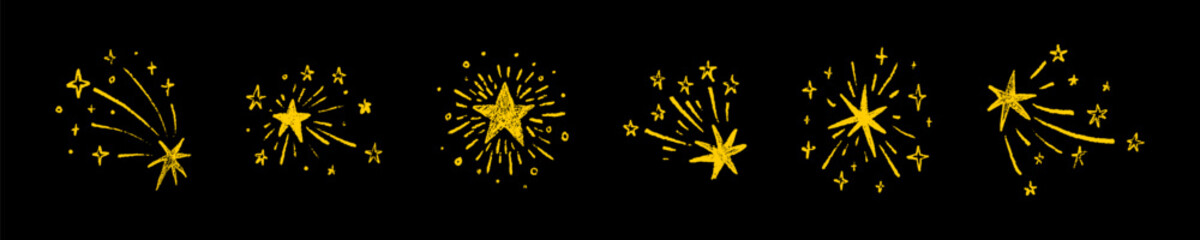 Set of golden falling shooting stars on black night sky background. Crayon, pencil, pastel, charcoal childish kids vector illustration on the primary school blackboard. Bling, twinkle, glint elements