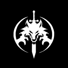 Fierce white wolf head emblem with a medieval sword icon on a black background. Stylized strong animal symbol graphic design.