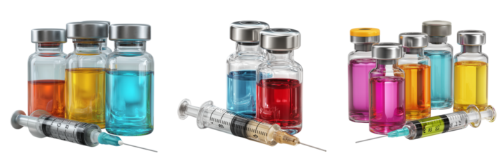 Set of Medical injection equipment, ampoules and syringe on transparent png background. Ai generated