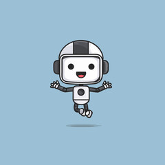Happy cute robot character jumping, a cheerful AI mascot illustration symbolizing technology, future, and innovation on blue.