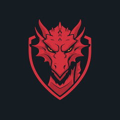 Powerful red dragon head mascot logo illustration within a shield, featuring a mythical fantasy creature design with fierce eyes.