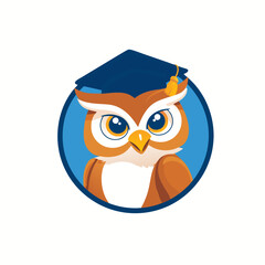 Cute cartoon owl wearing a graduation cap in a blue circular frame. Wise academic bird icon representing education, knowledge, and learning.