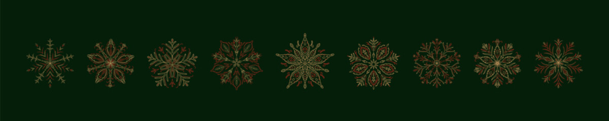 Set of red and gold Christmas snow flakes on dark green background. Winter frozen ice crystal icons. Filigree whimsical victorian snowflakes. Festive Happy New Year pattern ornament, design elements