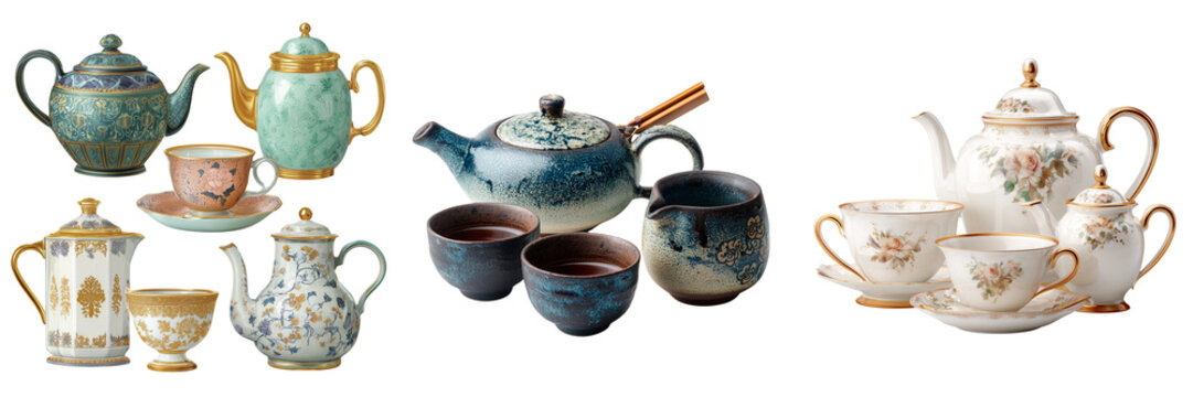 Set of Minimalist tea set with teapot and cups on transparent png background. Ai generated