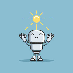 Cheerful robot basking in warm sun energy, meditating peacefully. Happy AI character illustration symbolizing positive technology, future, and zen.