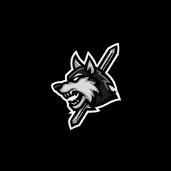 Fierce growling wolf head mascot logo illustration. Aggressive wild animal emblem with sharp fangs and crossed design elements.