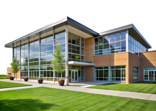 Modern office building with glass facade and green lawn on a sunny day isolated on transparent background