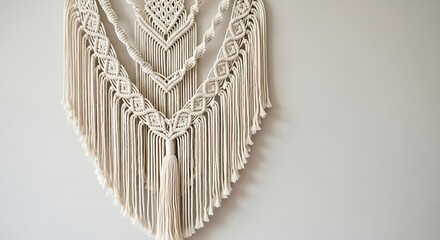 A beautifully intricate macrame wall hanging with a tassel detail, showcasing complex knotting techniques.