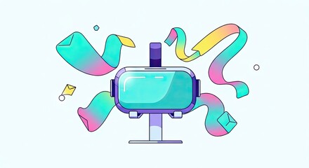 Virtual Reality Headset With Colorful Ribbons And Geometric Shapes