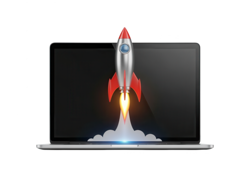 Rocket Launching from Laptop Screen: Business Startup Concept