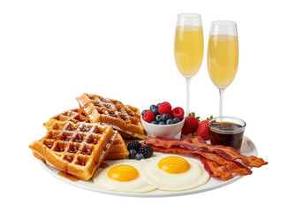 Luxurious Brunch Platter with Waffles, Eggs, Bacon, Berries, and Mimosa