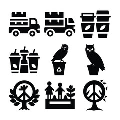 Collection of black and white icons representing delivery trucks coffee cups owls and peace symbols