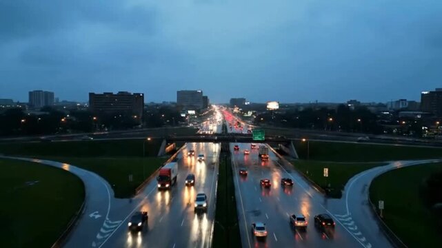 Rainy night on a multilane highway with car headlights and taillights reflecting on the wet asphalt
