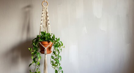 A green trailing houseplant in a terracotta pot is suspended by a handmade macrame plant hanger against a plain wall.