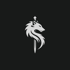 Fototapeta premium Stylized fierce wolf head and sword graphic design. Powerful animal emblem illustration for modern branding or gaming concept.