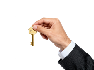 Hand Holding Golden House Key on White Background