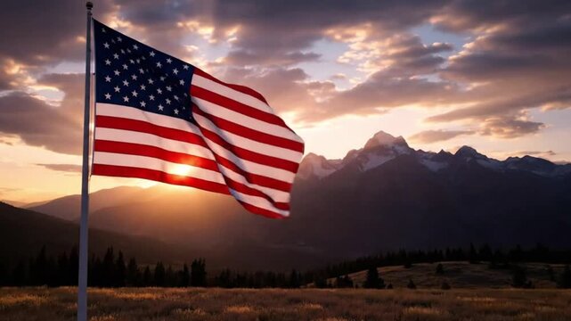 American flag waving at sunset with mountains and a field of grass in the background