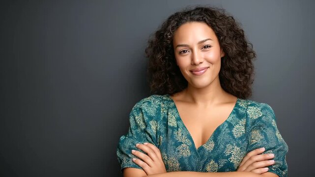 A confident young businesswoman with curly hair from a multiracial background, smiling with arms crossed, diversity, inclusivity, interracial couples, plus-size models, professiona