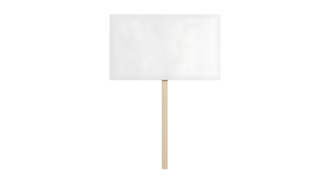 Blank white protest sign on a wooden stick, isolated on transparent background