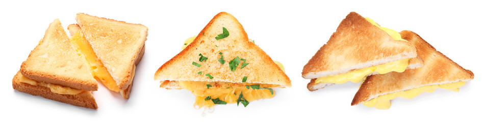 Yummy sandwiches with cheese isolated on white, set