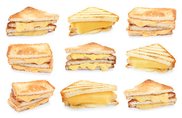 Yummy sandwiches with cheese isolated on white, set