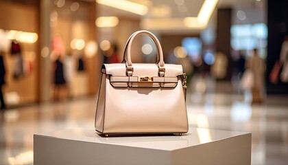 A beige leather handbag, displayed on a white pedestal in a retail setting with blurred shoppers and store displays
