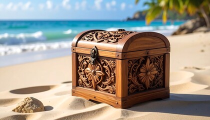 Wooden Treasure Chest on Sandy Beach.