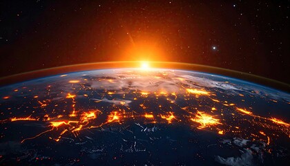The Earth glows with city lights as the sun rises over the horizon, stars visible