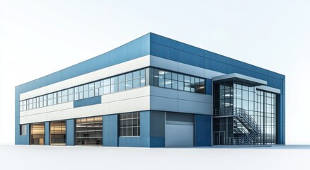 Modern industrial building featuring blue and white exterior with large windows