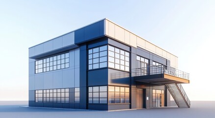 Modern industrial building with steel and glass exterior in sunlight