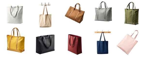 Tote Bag Mockup PNG Pack featuring a collection of fabric and leather tote bags in multiple colors and styles, isolated on transparent background for branding and product design projects.