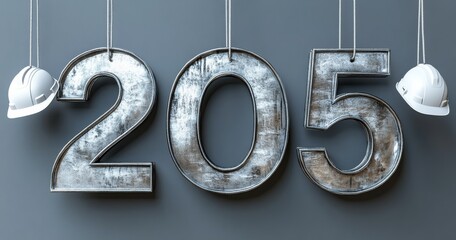 3D number 205 design with silver texture and suspended safety helmets