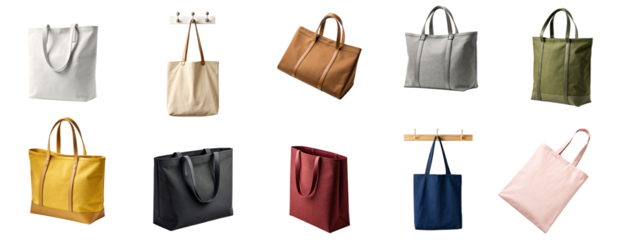 Tote Bag Mockup PNG Pack featuring a collection of fabric and leather tote bags in multiple colors and styles, isolated on transparent background for branding and product design projects.