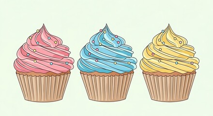 Three colorful frosted cupcakes with sprinkles for celebration