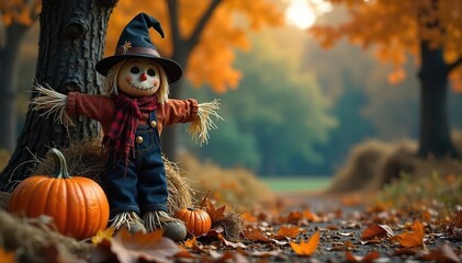 Charming Rustic Scarecrow Halloween Scene Pumpkins, Hay Bales, Autumn Leaves
