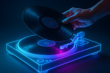 Vinyl Record Player: A hand delicately places a vinyl record onto a neon-lit turntable, creating a retro and vibrant atmosphere.