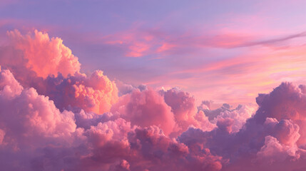 Dreamy pink and purple clouds floating in pastel sunset sky creating soft ethereal atmosphere