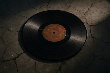 Vinyl Record and Shadow: A timeless vinyl record rests on a textured surface, casting intriguing shadows that dance across the scene, capturing the nostalgic essence of music. 