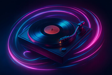 Neon Vinyl Serenade: A retro record player bathed in neon lights, the vinyl disc sits ready to spin a vintage track. Capturing the spirit of nostalgia and a modern design