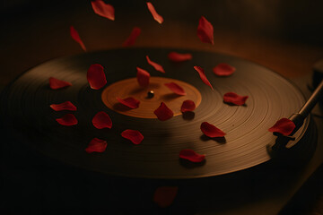 Petal Melody: The nostalgic charm of a vintage vinyl record is intertwined with the delicate beauty of red rose petals in mid-air. It's a scene of romance and sound, a moment of beauty captured.