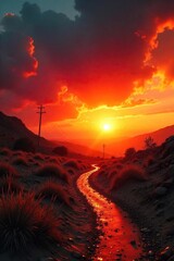 Fiery Sunset over Parched Summer Landscape Intense Heat and Vibrant Orange Hues Radiate Across the Dry Earth, Evoking a Feeling of Simmering Frustration.
