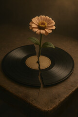Harmony Blossoms: A vibrant flower flourishes from the heart of a shattered vinyl record, symbolizing the birth of beauty amid the broken.