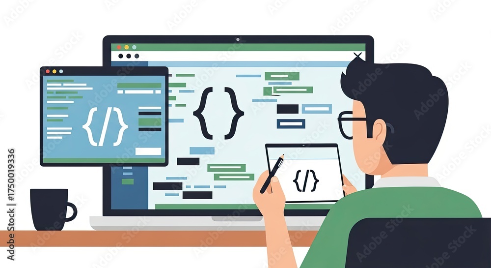 Wall mural developer coding on multiple screens and devices