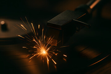 Vintage Groove: A close-up of a record player stylus sparking on a vinyl disc, symbolizing the energy of music. A tribute to classic audio.