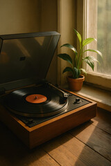 Vinyl record player with plant near the window: An intimate scene unfolds featuring a classic record player and a flourishing houseplant, bathed in the soft light filtering through a nearby window.