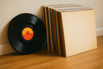 Vinyl Record and Album Collection: A classic black vinyl record sits beside a stack of vintage album covers, representing a love for analog audio and musical history.