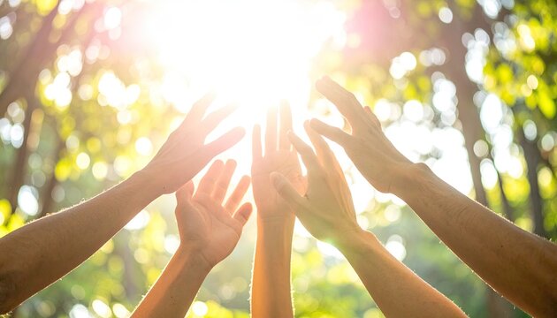 Hands reaching up toward a brilliant, sunlit opening in a forest canopy