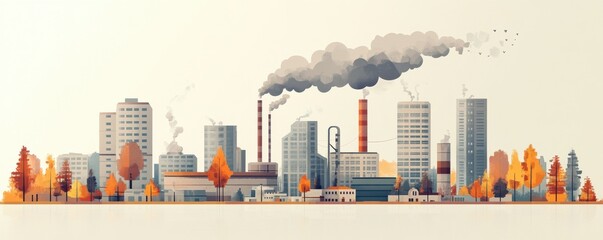 Obraz premium Illustration of an industrial cityscape with pollution and autumn foliage