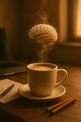 Coffee Fuel for Thought: Steam rises gracefully from a cup of freshly brewed coffee, with a human brain hovering above, symbolizing the boost in focus and creativity.